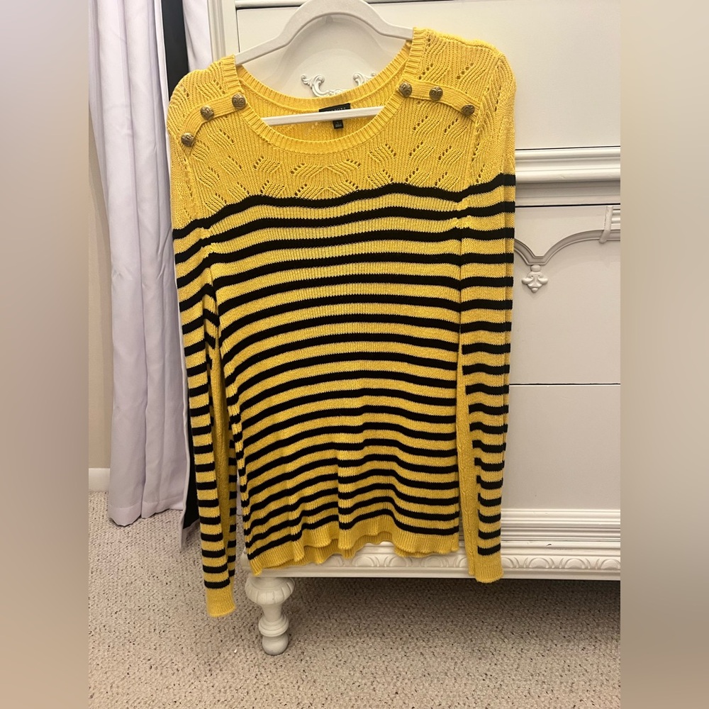 Talbots Yellow and Black Striped Sweater with gold buttons